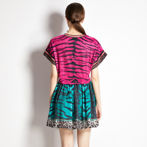 RM5520#欧洲站 夏季短袖休闲度假豹纹定位印花T恤百褶短裙套装潮牌女