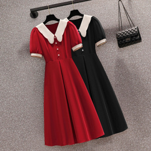 KM19915#新款大码女装大码红色连衣裙女夏梨型身材胖mm裙子显瘦小黑裙