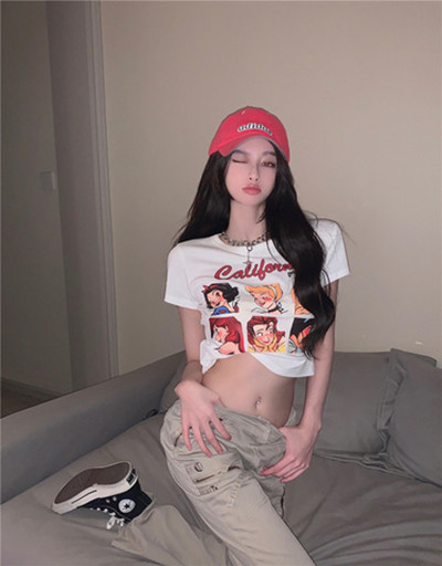 甜辣妹卡通印花短袖T恤女韩版可爱修身显瘦短款上衣