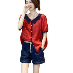 KM18227#红色亚麻衬衫女娃娃领时尚减龄气质上衣欧货2022夏季新款欧洲潮