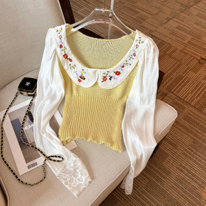 RM731#撞色娃娃领长袖针织衫女秋季新款甜美减龄修身显瘦上衣
