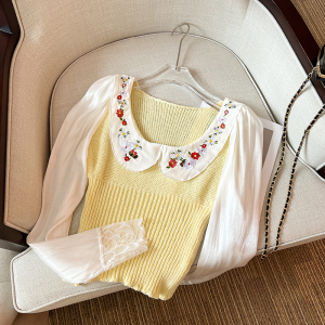 RM731#撞色娃娃领长袖针织衫女秋季新款甜美减龄修身显瘦上衣