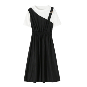 KM18669#夏新款气质高级小众设计感女收腰显瘦假两件短袖连衣裙