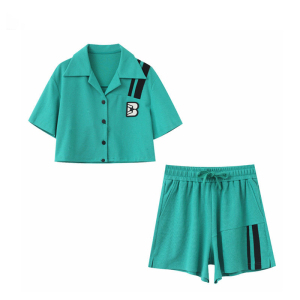 PS47918# 卫衣套装女夏新款减龄Polo领绿色短款休闲时尚运动短裤两件套 服装批发女装直播货源