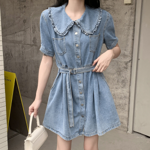 PS43377# 夏季新款洋气设计感法式收腰娃娃领泡泡袖蓝色连衣裙女 服装批发女装直播货源