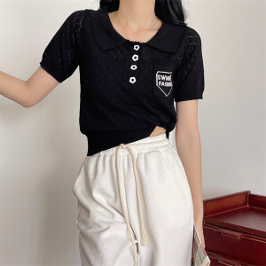 PS44232# 夏季新款韩版小香风Polo针织衫个性口袋镂空短袖t袖女 服装批发女装直播货源