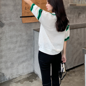 PS43117# V领针织T恤女夏装新款时尚韩版宽松百搭镂空撞色套头短袖上衣 服装批发女装直播货源