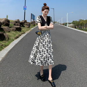 PS43203# 法式娃娃领连衣裙新款韩版夏季高腰显瘦印花高级感茶歇裙子 服装批发女装直播货源