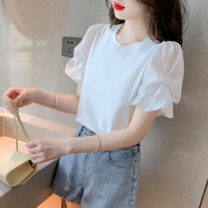 KM17332#夏季新款白色泡泡袖T恤女设计感小众休息宽松短袖上衣