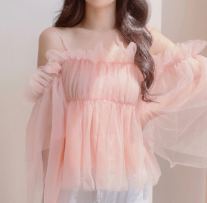 PS46511# 韩版chic一字肩露肩上衣设计感甜美梦幻网纱洋气小衫 服装批发女装直播货源