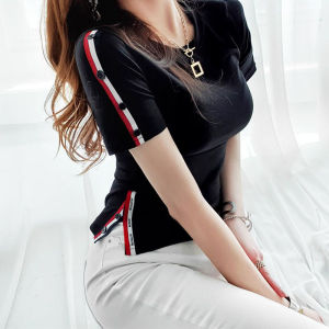 PS49239# 韩国春夏小衫黑色短袖t恤女夏季设计感圆领休闲开叉短款上衣 服装批发女装直播货源