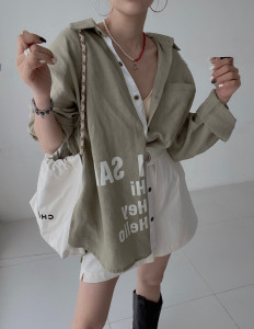PS47620# 韩国chic早秋复古时尚字母印花设计宽松休闲薄款长袖衬衫 服装批发女装直播货源
