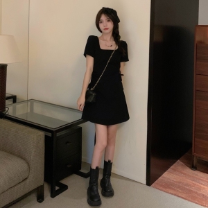 KM17716#100%纤维珠地 夏装小黑裙女设计感小众镂空