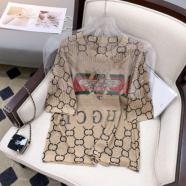 RM5205#欧洲站新款印花烫钻套头圆领毛衣半袖针织衫上衣女