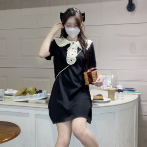 PS44789# 法式复古娃娃领少女心机甜美显瘦减龄黑色连衣裙 服装批发女装直播货源