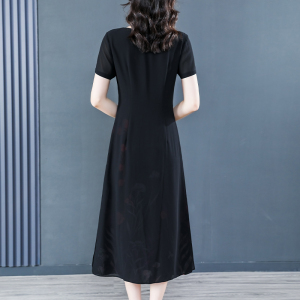KM17917#黑色雪纺连衣裙2022年新款夏装显瘦妈妈改良旗袍裙子