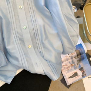 PS49120# 设计感蓝色polo领衬衫女夏季新款时尚气质高级感灯笼袖上衣 服装批发女装直播货源