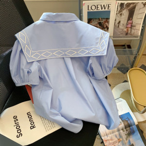 PS49118# 法式蓝色尖领泡泡袖衬衫女设计感夏季新款复古气质polo领上衣 服装批发女装直播货源