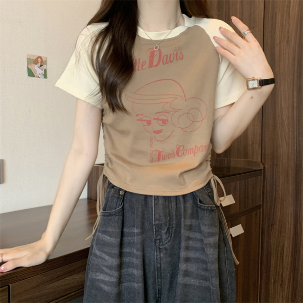 KM17764#夏季新款韩版设计感圆领卡通印花抽绳褶皱撞色短袖T恤女