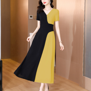 RM10433#夏季新黑黄拼接高级感连衣裙女气质收腰大摆超长裙到脚踝