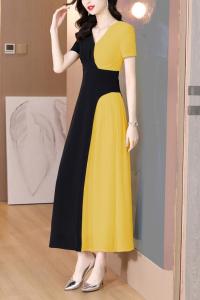RM10433#夏季新黑黄拼接高级感连衣裙女气质收腰大摆超长裙到脚踝