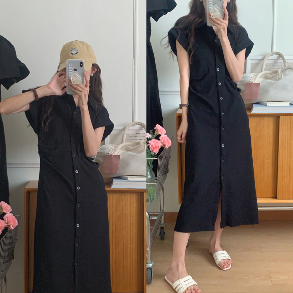 KM17801#复古赫本风 Polo领单排扣小黑裙收腰显瘦连衣裙 3色