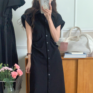 KM17801#复古赫本风 Polo领单排扣小黑裙收腰显瘦连衣裙 3色