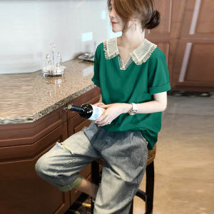 KM17817#薄荷绿娃娃领蕾丝短袖T恤女韩系原创上衣欧货夏装2022新款