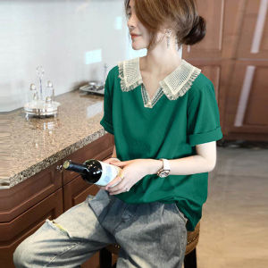KM17817#薄荷绿娃娃领蕾丝短袖T恤女韩系原创上衣欧货夏装2022新款