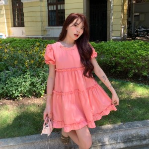 PS45436# 韩版ins风夏季新款连衣裙设计感别致纯色圆领系带裙 服装批发女装直播货源