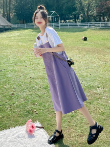PS44348# 紫色背带裙夏季女新款韩版宽松俏皮可爱减龄A字连衣裙子套装 服装批发女装直播货源