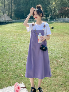 PS44348# 紫色背带裙夏季女新款韩版宽松俏皮可爱减龄A字连衣裙子套装 服装批发女装直播货源