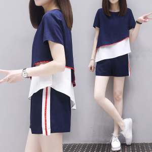 KM18298#新款女装夏季两件套韩版宽松拼接上衣短裤休闲时尚套装女洋气