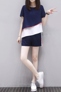 KM18298#新款女装夏季两件套韩版宽松拼接上衣短裤休闲时尚套装女洋气