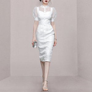RM2833#气质白色连衣裙高级修身日常旗袍超仙小礼服欧根纱泡泡袖长裙夏女