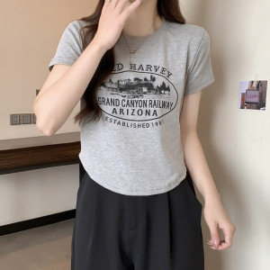 KM18146#短袖t恤女2022夏季设计感小众宽松纯棉洋气欧货圆领上衣