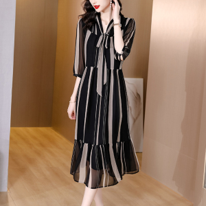 RM4156#雪纺连衣裙女时尚新款别致漂亮裙子高级感复古条纹高端气质长裙