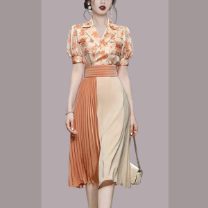 KM19845#夏季新款轻熟风女装衬衫印花套装港味设计感百褶半身裙两件套