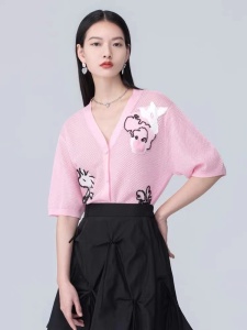 MY2907#卡拉佛粉色镂空短袖针织衫女2022夏季新款修身显瘦设计感针织开衫