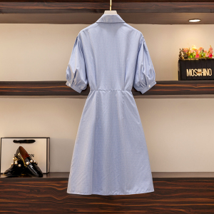 PS48124# 大码女装夏季新款不规则气质短袖收腰条纹衬衫裙 服装批发女装直播货源