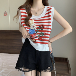 KM18420#韩系减龄条纹无袖针织衫夏季薄款设计感洋气宽松上衣潮