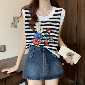 KM18420#韩系减龄条纹无袖针织衫夏季薄款设计感洋气宽松上衣潮