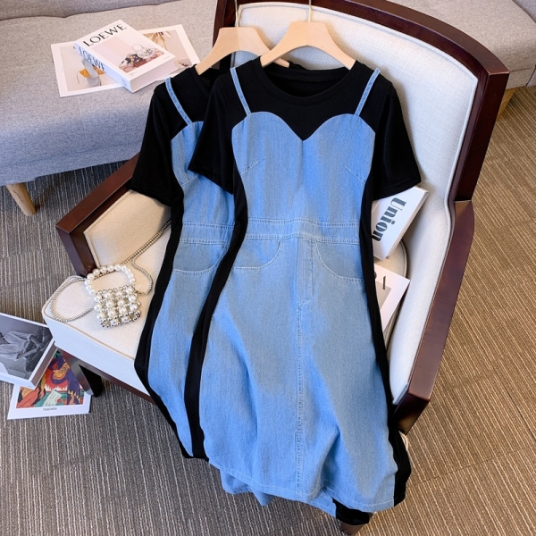 KM18428#大码女装2022夏季新款时尚假两件连衣裙
