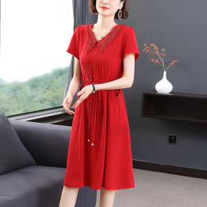 KM18491#夏季新款红色雪纺连衣裙女洋气百搭中年女士中长款裙