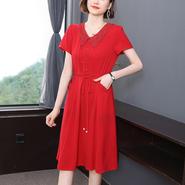 KM18491#夏季新款红色雪纺连衣裙女洋气百搭中年女士中长款裙