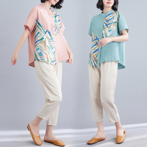 KM18382#中年妈妈夏装棉麻套装洋气短袖衬衫两件套中老年女装夏季气质上衣