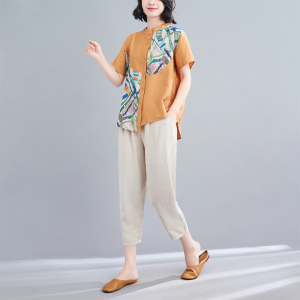 KM18382#中年妈妈夏装棉麻套装洋气短袖衬衫两件套中老年女装夏季气质上衣
