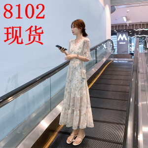 KM18416#蛋糕裙碎花连衣裙2022夏装新款显瘦韩系法式高级感长裙8102