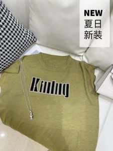 KM18997#烫钻字母设计薄款亚麻针织衫女2022夏季新款宽松显瘦圆领短袖上衣