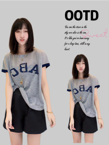 KM18999#冰丝短袖针织衫女夏季2022新款高级感ABC字母空调衫撞色T恤上衣薄